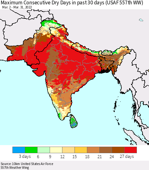 Southern Asia Maximum Consecutive Dry Days in past 30 days (USAF 557th WW) 03/31/2022 Thematic Map For 3/26/2022 - 3/31/2022