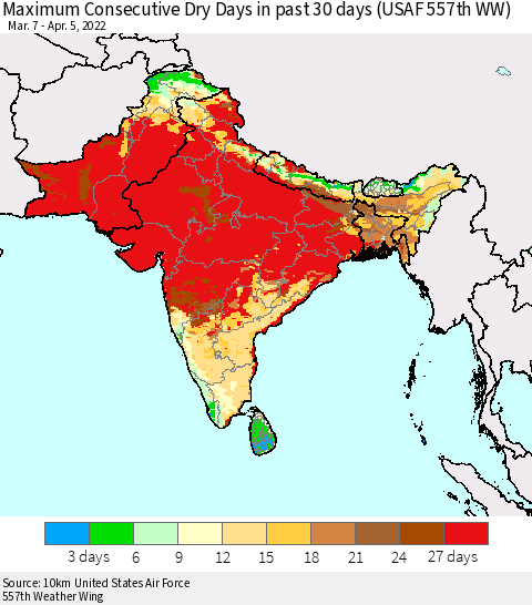 Southern Asia Maximum Consecutive Dry Days in past 30 days (USAF 557th WW) 04/05/2022 Thematic Map For 4/1/2022 - 4/5/2022
