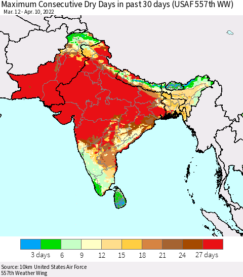 Southern Asia Maximum Consecutive Dry Days in past 30 days (USAF 557th WW) 04/10/2022 Thematic Map For 4/6/2022 - 4/10/2022