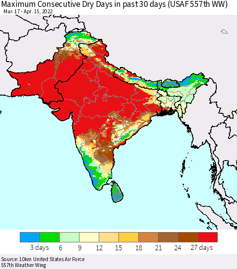 Southern Asia Maximum Consecutive Dry Days in past 30 days (USAF 557th WW) 04/15/2022 Thematic Map For 4/11/2022 - 4/15/2022