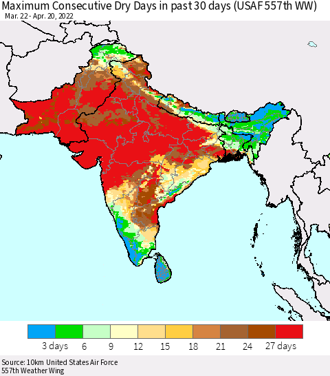 Southern Asia Maximum Consecutive Dry Days in past 30 days (USAF 557th WW) 04/20/2022 Thematic Map For 4/16/2022 - 4/20/2022