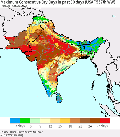 Southern Asia Maximum Consecutive Dry Days in past 30 days (USAF 557th WW) 04/25/2022 Thematic Map For 4/21/2022 - 4/25/2022