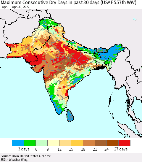 Southern Asia Maximum Consecutive Dry Days in past 30 days (USAF 557th WW) 04/30/2022 Thematic Map For 4/26/2022 - 4/30/2022