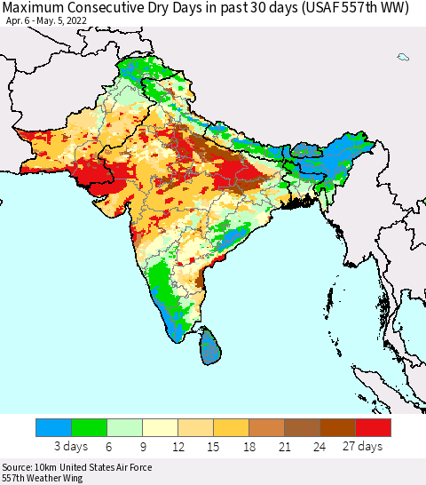 Southern Asia Maximum Consecutive Dry Days in past 30 days (USAF 557th WW) 05/05/2022 Thematic Map For 5/1/2022 - 5/5/2022