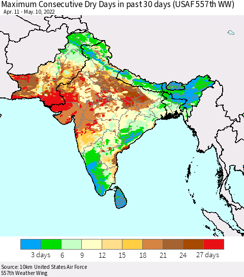 Southern Asia Maximum Consecutive Dry Days in past 30 days (USAF 557th WW) 05/10/2022 Thematic Map For 5/6/2022 - 5/10/2022