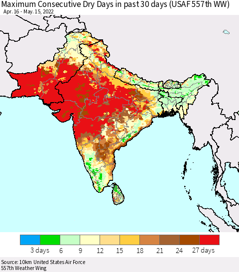 Southern Asia Maximum Consecutive Dry Days in past 30 days (USAF 557th WW) 05/15/2022 Thematic Map For 5/11/2022 - 5/15/2022