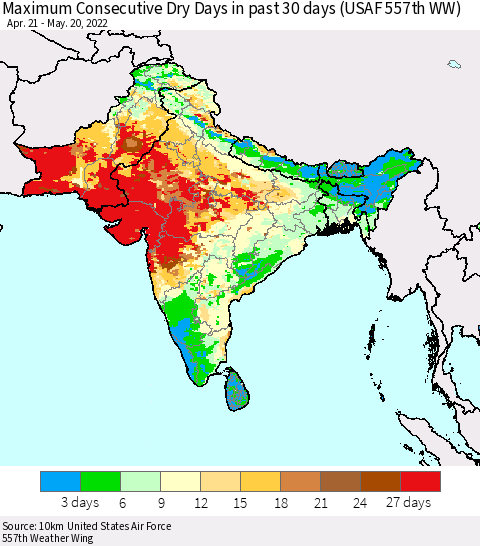 Southern Asia Maximum Consecutive Dry Days in past 30 days (USAF 557th WW) 05/20/2022 Thematic Map For 5/16/2022 - 5/20/2022