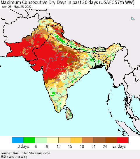 Southern Asia Maximum Consecutive Dry Days in past 30 days (USAF 557th WW) 05/25/2022 Thematic Map For 5/21/2022 - 5/25/2022