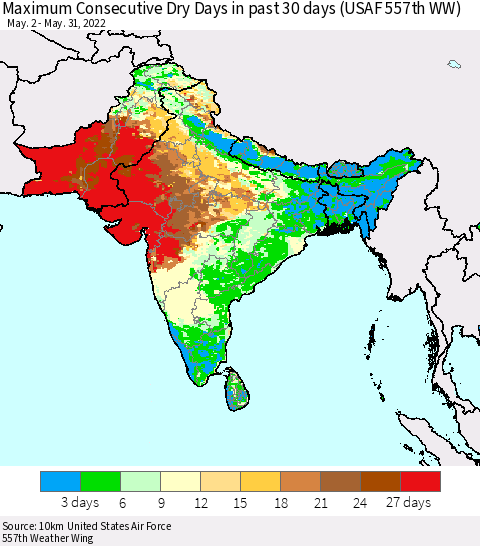 Southern Asia Maximum Consecutive Dry Days in past 30 days (USAF 557th WW) 05/31/2022 Thematic Map For 5/26/2022 - 5/31/2022