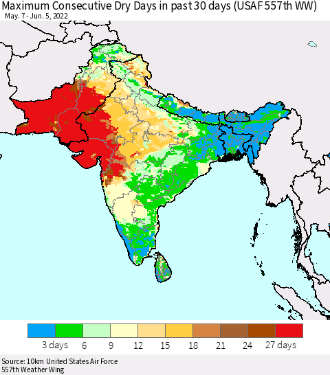 Southern Asia Maximum Consecutive Dry Days in past 30 days (USAF 557th WW) 06/05/2022 Thematic Map For 6/1/2022 - 6/5/2022