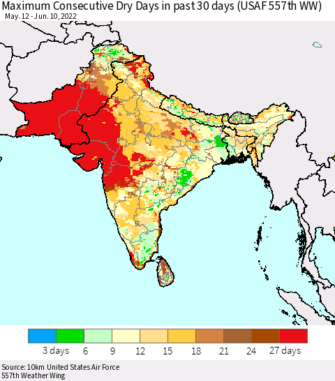 Southern Asia Maximum Consecutive Dry Days in past 30 days (USAF 557th WW) 06/10/2022 Thematic Map For 6/6/2022 - 6/10/2022