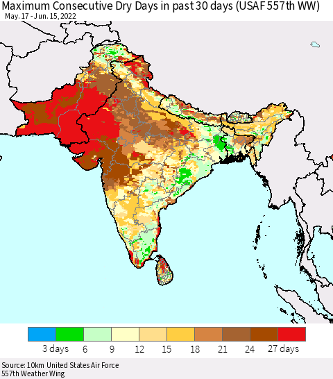 Southern Asia Maximum Consecutive Dry Days in past 30 days (USAF 557th WW) 06/15/2022 Thematic Map For 6/11/2022 - 6/15/2022