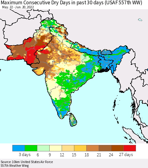 Southern Asia Maximum Consecutive Dry Days in past 30 days (USAF 557th WW) 06/20/2022 Thematic Map For 6/16/2022 - 6/20/2022