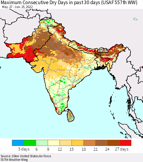 Southern Asia Maximum Consecutive Dry Days in past 30 days (USAF 557th WW) 06/25/2022 Thematic Map For 6/21/2022 - 6/25/2022