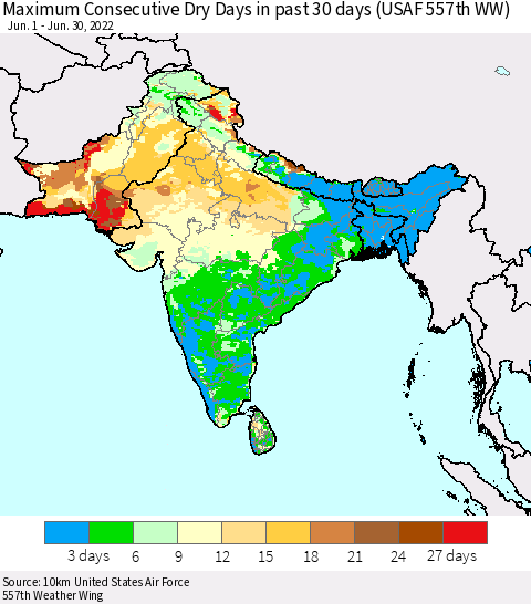 Southern Asia Maximum Consecutive Dry Days in past 30 days (USAF 557th WW) 06/30/2022 Thematic Map For 6/26/2022 - 6/30/2022