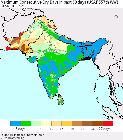Southern Asia Maximum Consecutive Dry Days in past 30 days (USAF 557th WW) 07/05/2022 Thematic Map For 7/1/2022 - 7/5/2022