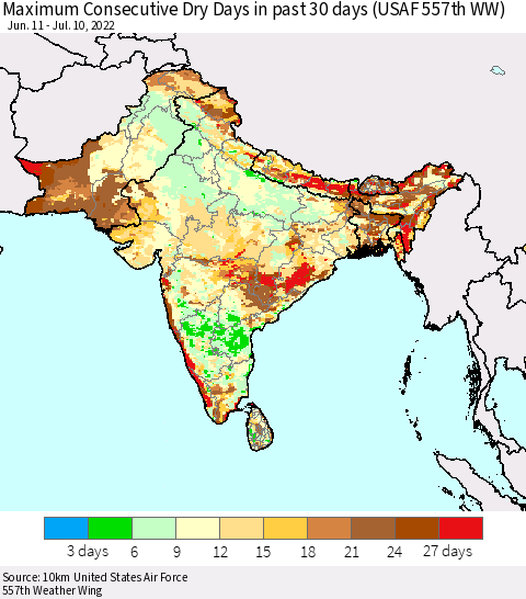 Southern Asia Maximum Consecutive Dry Days in past 30 days (USAF 557th WW) 07/10/2022 Thematic Map For 7/6/2022 - 7/10/2022
