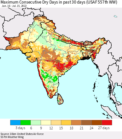 Southern Asia Maximum Consecutive Dry Days in past 30 days (USAF 557th WW) 07/15/2022 Thematic Map For 7/11/2022 - 7/15/2022