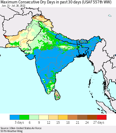 Southern Asia Maximum Consecutive Dry Days in past 30 days (USAF 557th WW) 07/20/2022 Thematic Map For 7/16/2022 - 7/20/2022