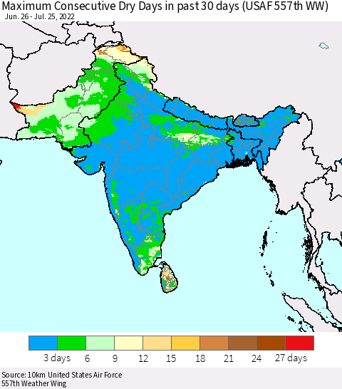 Southern Asia Maximum Consecutive Dry Days in past 30 days (USAF 557th WW) 07/25/2022 Thematic Map For 7/21/2022 - 7/25/2022