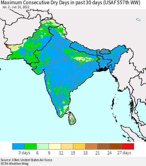 Southern Asia Maximum Consecutive Dry Days in past 30 days (USAF 557th WW) 07/31/2022 Thematic Map For 7/26/2022 - 7/31/2022