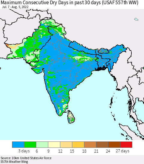 Southern Asia Maximum Consecutive Dry Days in past 30 days (USAF 557th WW) 08/05/2022 Thematic Map For 8/1/2022 - 8/5/2022