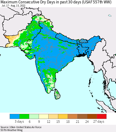 Southern Asia Maximum Consecutive Dry Days in past 30 days (USAF 557th WW) 08/15/2022 Thematic Map For 8/11/2022 - 8/15/2022