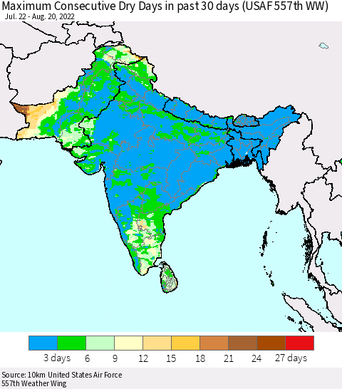 Southern Asia Maximum Consecutive Dry Days in past 30 days (USAF 557th WW) 08/20/2022 Thematic Map For 8/16/2022 - 8/20/2022