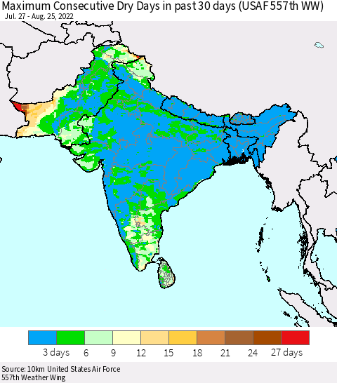 Southern Asia Maximum Consecutive Dry Days in past 30 days (USAF 557th WW) 08/25/2022 Thematic Map For 8/21/2022 - 8/25/2022