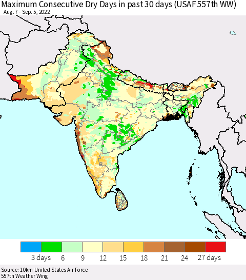 Southern Asia Maximum Consecutive Dry Days in past 30 days (USAF 557th WW) 09/05/2022 Thematic Map For 9/1/2022 - 9/5/2022
