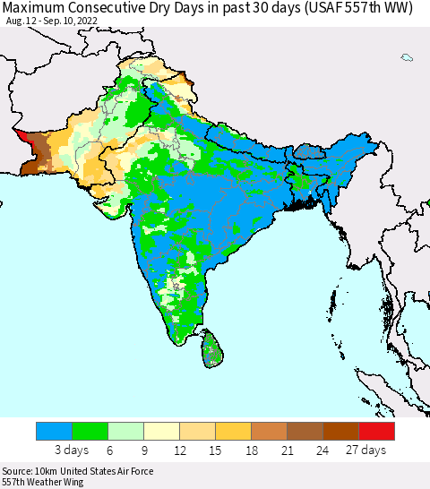 Southern Asia Maximum Consecutive Dry Days in past 30 days (USAF 557th WW) 09/10/2022 Thematic Map For 9/6/2022 - 9/10/2022