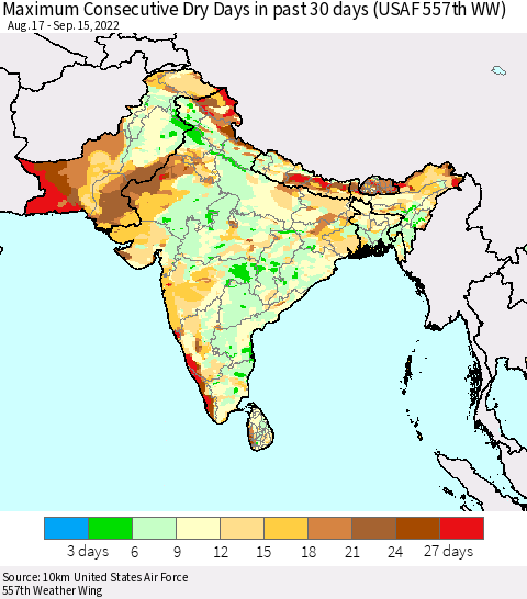 Southern Asia Maximum Consecutive Dry Days in past 30 days (USAF 557th WW) 09/15/2022 Thematic Map For 9/11/2022 - 9/15/2022