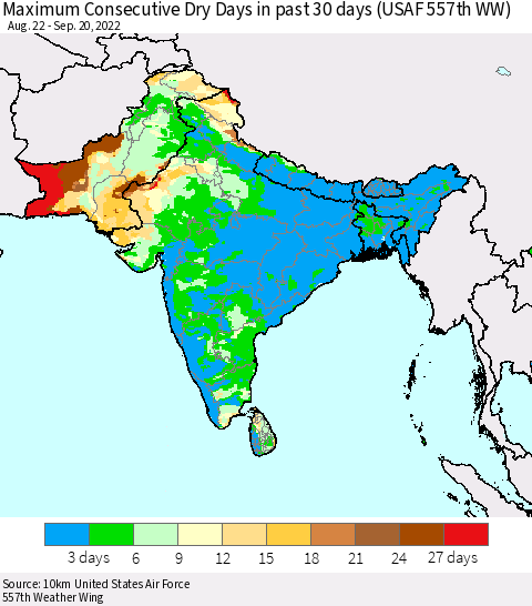 Southern Asia Maximum Consecutive Dry Days in past 30 days (USAF 557th WW) 09/20/2022 Thematic Map For 9/16/2022 - 9/20/2022