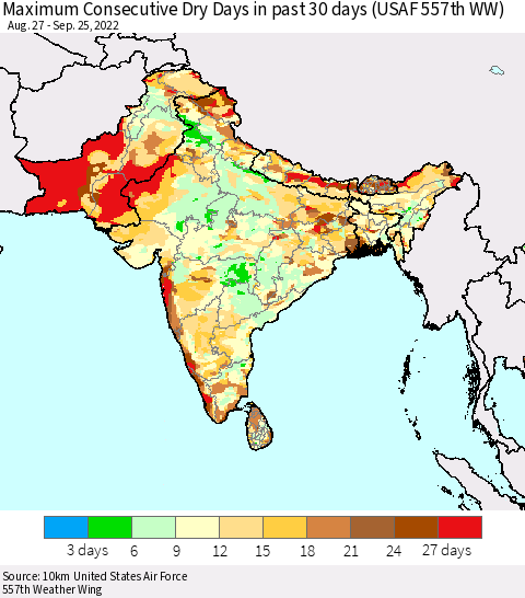 Southern Asia Maximum Consecutive Dry Days in past 30 days (USAF 557th WW) 09/25/2022 Thematic Map For 9/21/2022 - 9/25/2022