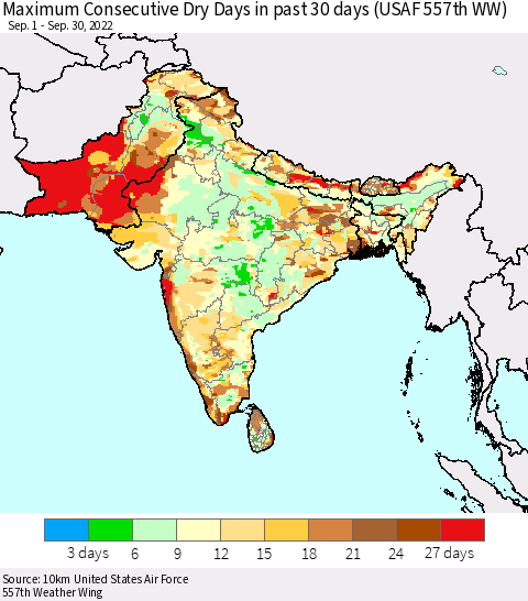 Southern Asia Maximum Consecutive Dry Days in past 30 days (USAF 557th WW) 09/30/2022 Thematic Map For 9/26/2022 - 9/30/2022