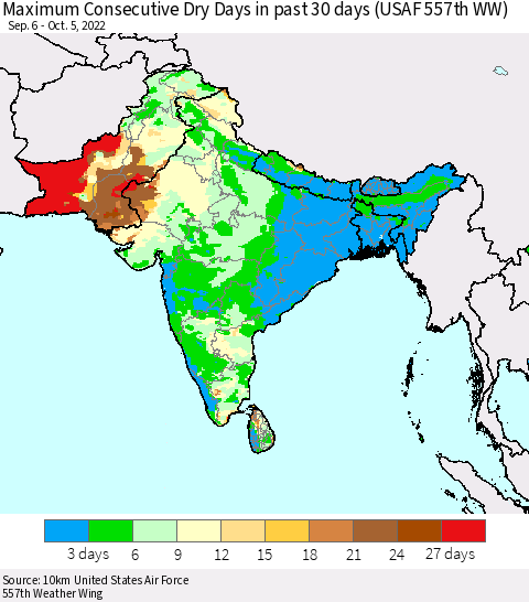 Southern Asia Maximum Consecutive Dry Days in past 30 days (USAF 557th WW) 10/05/2022 Thematic Map For 10/1/2022 - 10/5/2022