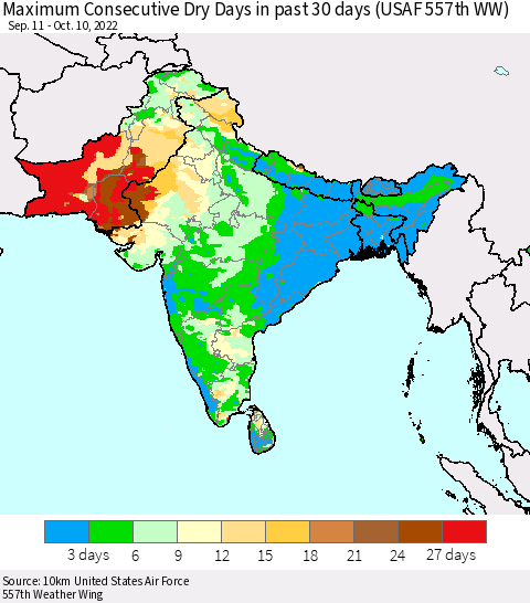 Southern Asia Maximum Consecutive Dry Days in past 30 days (USAF 557th WW) 10/10/2022 Thematic Map For 10/6/2022 - 10/10/2022