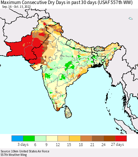 Southern Asia Maximum Consecutive Dry Days in past 30 days (USAF 557th WW) 10/15/2022 Thematic Map For 10/11/2022 - 10/15/2022