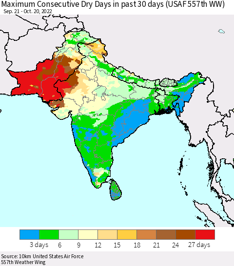Southern Asia Maximum Consecutive Dry Days in past 30 days (USAF 557th WW) 10/20/2022 Thematic Map For 10/16/2022 - 10/20/2022