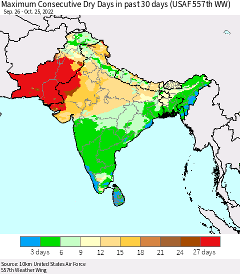 Southern Asia Maximum Consecutive Dry Days in past 30 days (USAF 557th WW) 10/25/2022 Thematic Map For 10/21/2022 - 10/25/2022