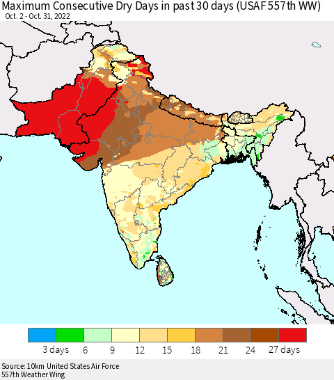 Southern Asia Maximum Consecutive Dry Days in past 30 days (USAF 557th WW) 10/31/2022 Thematic Map For 10/26/2022 - 10/31/2022