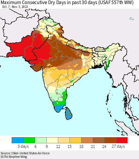 Southern Asia Maximum Consecutive Dry Days in past 30 days (USAF 557th WW) 11/05/2022 Thematic Map For 11/1/2022 - 11/5/2022