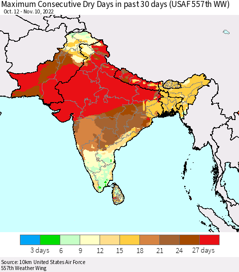 Southern Asia Maximum Consecutive Dry Days in past 30 days (USAF 557th WW) 11/10/2022 Thematic Map For 11/6/2022 - 11/10/2022