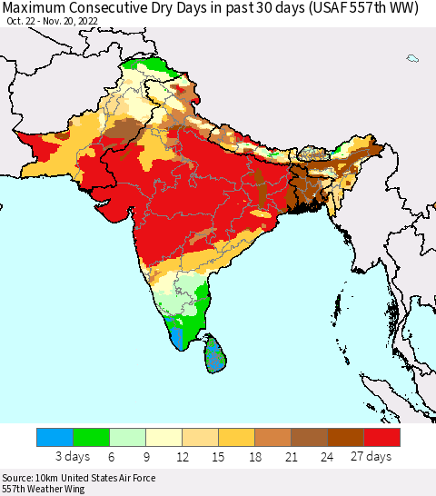 Southern Asia Maximum Consecutive Dry Days in past 30 days (USAF 557th WW) 11/20/2022 Thematic Map For 11/16/2022 - 11/20/2022