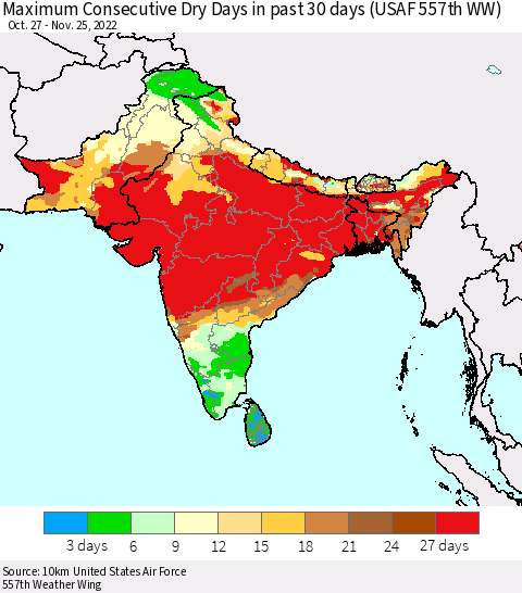Southern Asia Maximum Consecutive Dry Days in past 30 days (USAF 557th WW) 11/25/2022 Thematic Map For 11/21/2022 - 11/25/2022