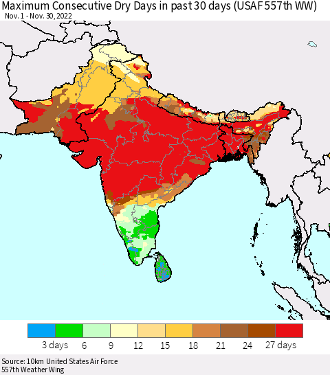 Southern Asia Maximum Consecutive Dry Days in past 30 days (USAF 557th WW) 11/30/2022 Thematic Map For 11/26/2022 - 11/30/2022