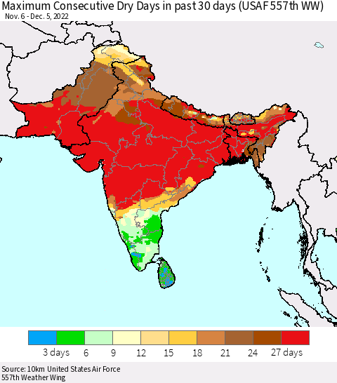 Southern Asia Maximum Consecutive Dry Days in past 30 days (USAF 557th WW) 12/05/2022 Thematic Map For 12/1/2022 - 12/5/2022