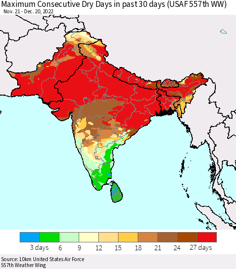Southern Asia Maximum Consecutive Dry Days in past 30 days (USAF 557th WW) 12/20/2022 Thematic Map For 12/16/2022 - 12/20/2022
