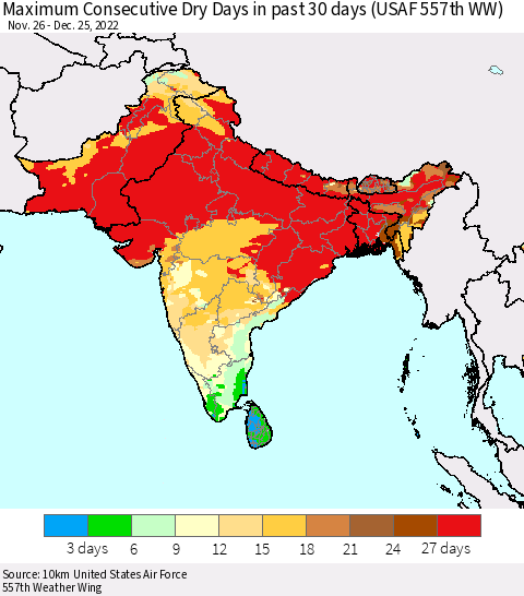 Southern Asia Maximum Consecutive Dry Days in past 30 days (USAF 557th WW) 12/25/2022 Thematic Map For 12/21/2022 - 12/25/2022