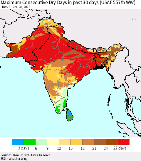 Southern Asia Maximum Consecutive Dry Days in past 30 days (USAF 557th WW) 12/31/2022 Thematic Map For 12/26/2022 - 12/31/2022